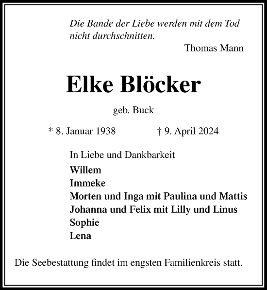 Traueranzeige von Elke Blöcker von Lübecker Nachrichten