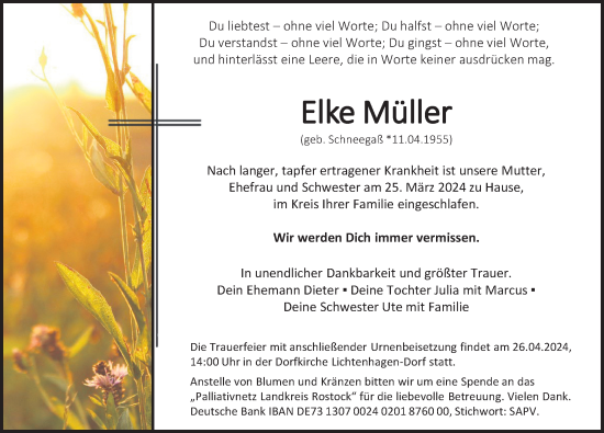 Traueranzeige von Elke Müller von Ostsee-Zeitung GmbH