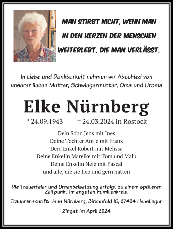 Traueranzeige von Elke Nürnberg von Ostsee-Zeitung GmbH