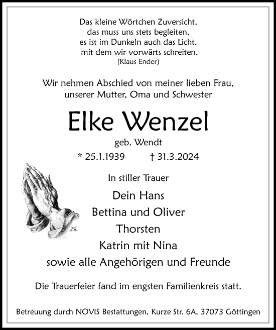 Traueranzeige von Elke Wenzel von Göttinger Tageblatt