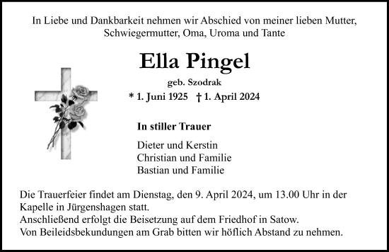 Traueranzeige von Ella Pingel von Ostsee-Zeitung GmbH