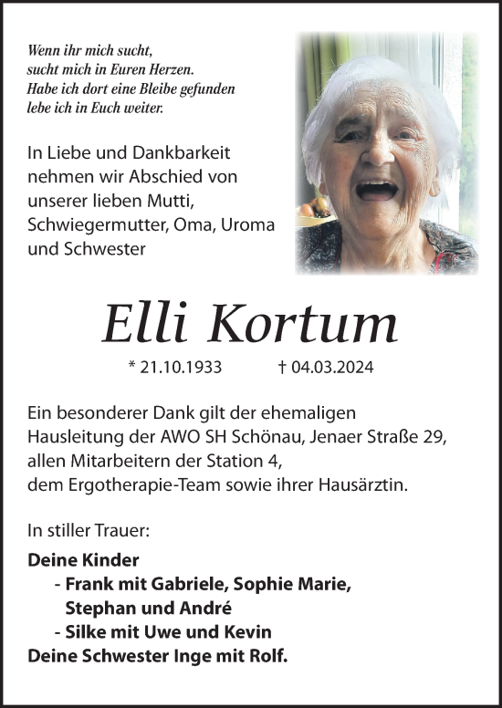 Traueranzeige von Elli Kortum von Leipziger Volkszeitung