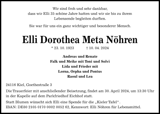 Traueranzeige von Elli Dorothea Meta Nöhren von Kieler Nachrichten
