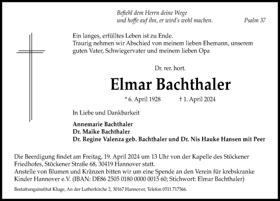 Traueranzeige von Elmar Bachthaler von Hannoversche Allgemeine Zeitung/Neue Presse
