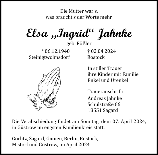 Traueranzeige von Elsa Jahnke von Ostsee-Zeitung GmbH