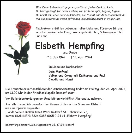 Traueranzeige von Elsbeth Hempfing von Göttinger Tageblatt