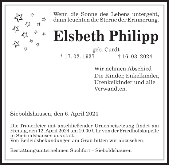 Traueranzeige von Elsbeth Philipp von Göttinger Tageblatt
