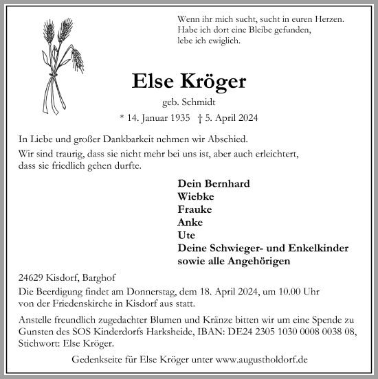 Traueranzeige von Else Kröger von Kieler Nachrichten