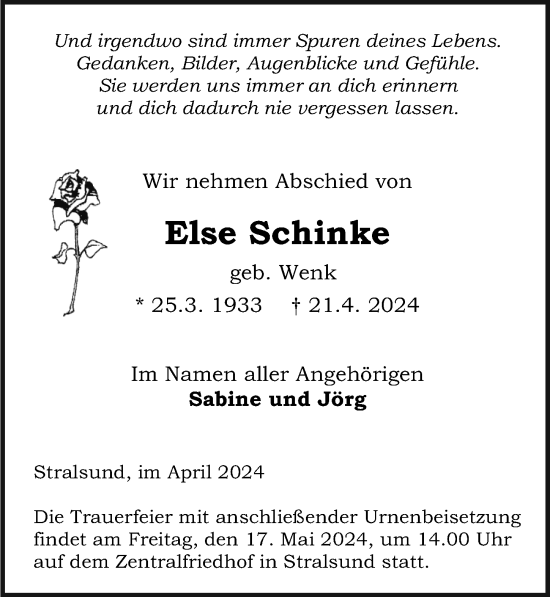 Traueranzeige von Else Schinke von Ostsee-Zeitung GmbH