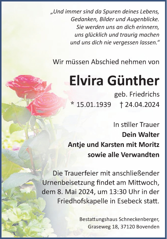 Traueranzeige von Elvira Günther von Göttinger Tageblatt