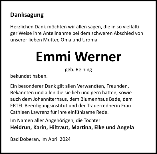 Traueranzeige von Emmi Werner von Ostsee-Zeitung GmbH