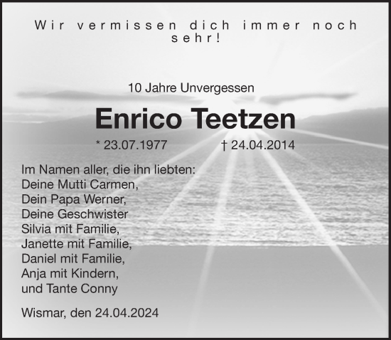 Traueranzeige von Enrico Teetzen von Ostsee-Zeitung GmbH