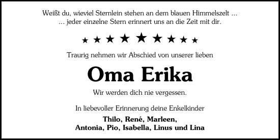 Traueranzeige von Erika  von Lübecker Nachrichten