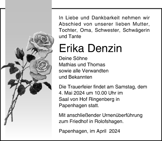 Traueranzeige von Erika Denzin von Ostsee-Zeitung GmbH