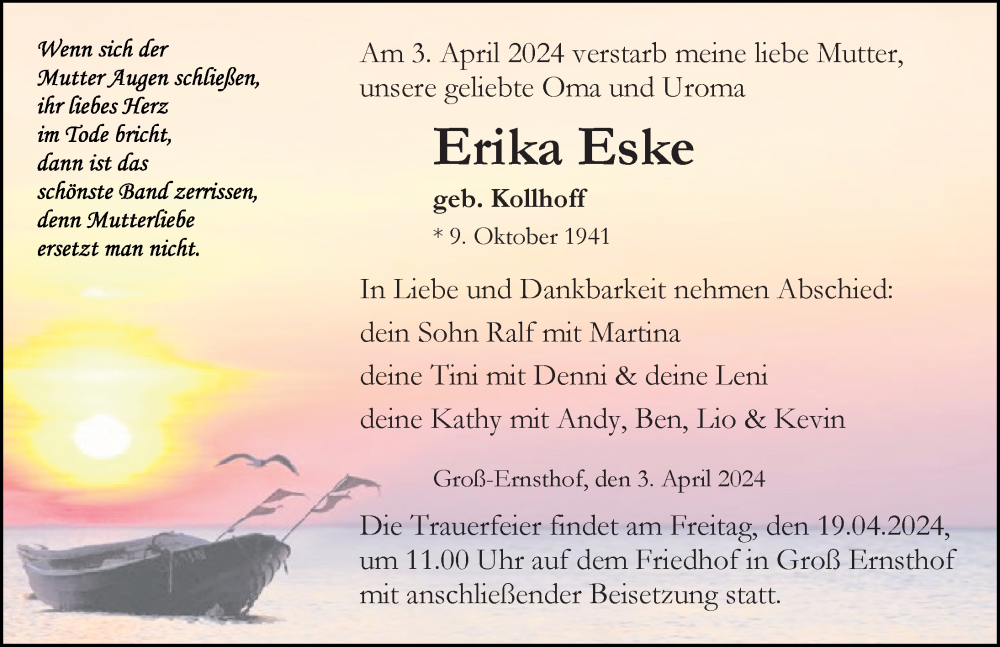  Traueranzeige für Erika Eske vom 13.04.2024 aus Ostsee-Zeitung GmbH