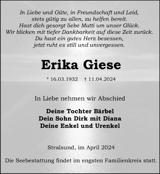 Traueranzeige von Erika Giese von Ostsee-Zeitung GmbH