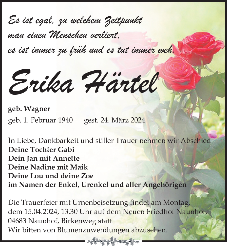  Traueranzeige für Erika Härtel vom 06.04.2024 aus Leipziger Volkszeitung