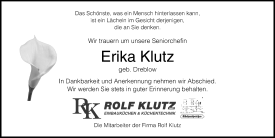 Traueranzeige von Erika Klutz von Lübecker Nachrichten