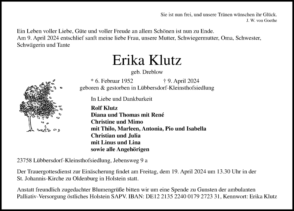  Traueranzeige für Erika Klutz vom 13.04.2024 aus Lübecker Nachrichten