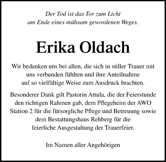 Traueranzeige von Erika Oldach von Ostsee-Zeitung GmbH