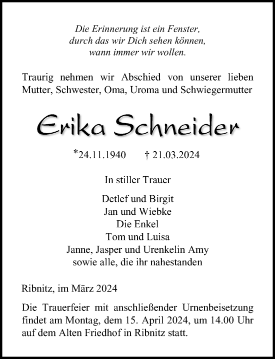 Traueranzeige von Erika Schneider von Ostsee-Zeitung GmbH