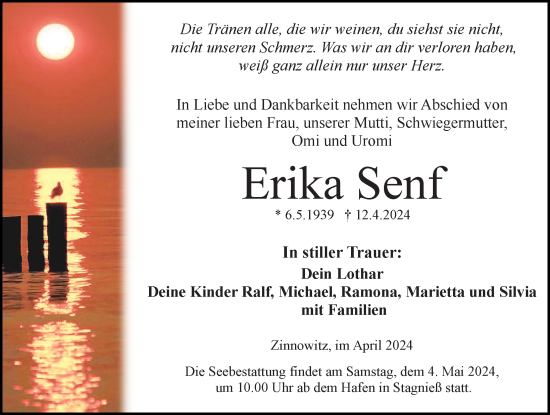 Traueranzeige von Erika Senf von Ostsee-Zeitung GmbH