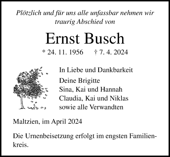 Traueranzeige von Ernst Busch von Ostsee-Zeitung GmbH