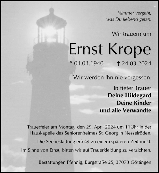Traueranzeige von Ernst Krope von Göttinger Tageblatt
