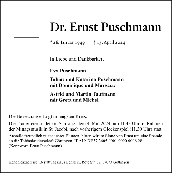 Traueranzeige von Ernst Puschmann von Göttinger Tageblatt
