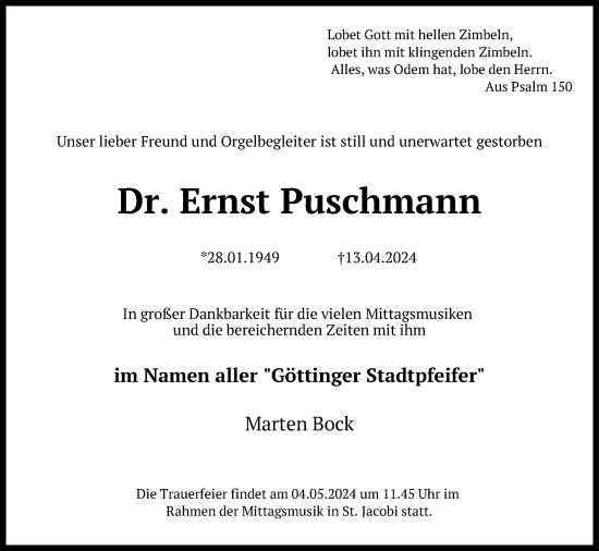 Traueranzeige von Ernst Puschmann von Göttinger Tageblatt