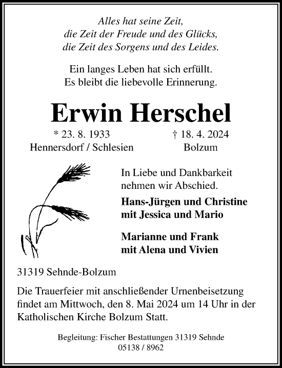 Traueranzeige von Erwin Herschel von Hannoversche Allgemeine Zeitung/Neue Presse