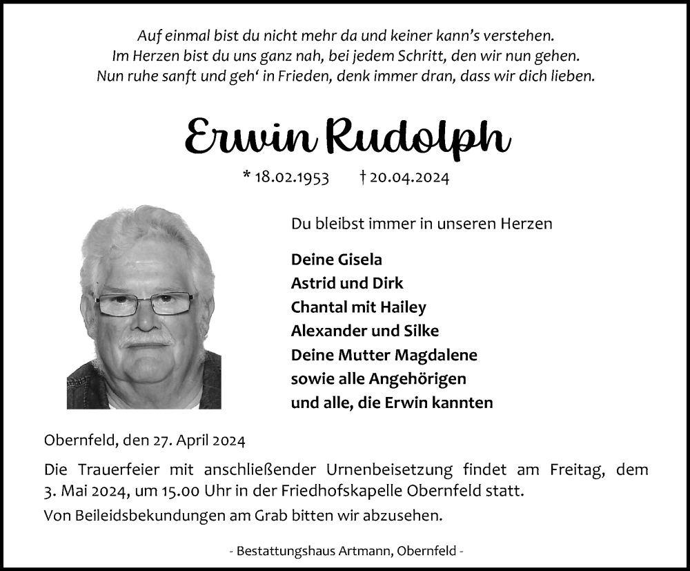  Traueranzeige für Erwin Rudolph vom 27.04.2024 aus Eichsfelder Tageblatt