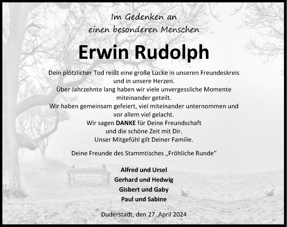  Traueranzeige für Erwin Rudolph vom 27.04.2024 aus Eichsfelder Tageblatt
