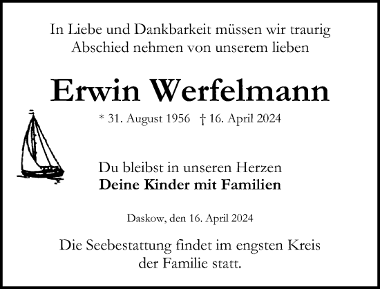 Traueranzeige von Erwin Werfelmann von Ostsee-Zeitung GmbH