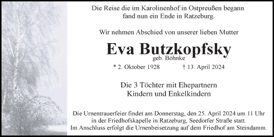 Traueranzeige von Eva Butzkopfsky von Lübecker Nachrichten