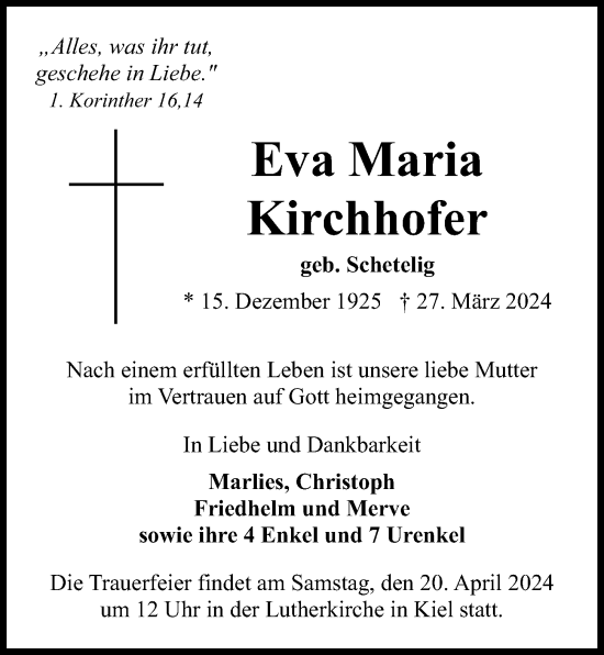 Traueranzeige von Eva Kirchhofer von Kieler Nachrichten