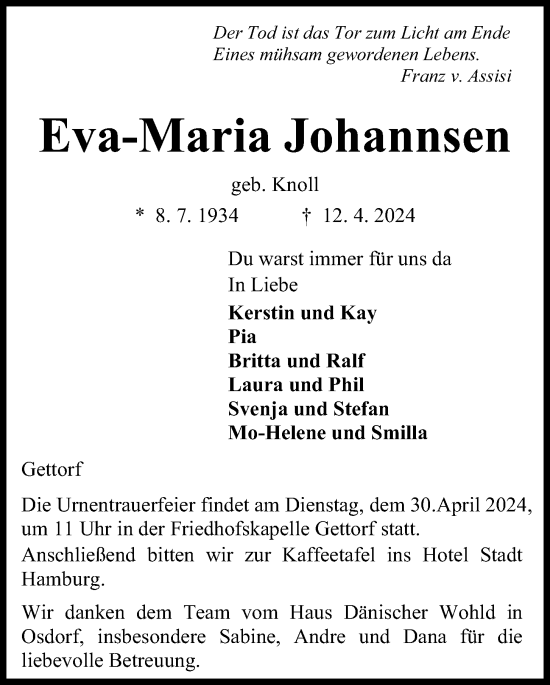 Traueranzeige von Eva-Maria Johannsen von Kieler Nachrichten