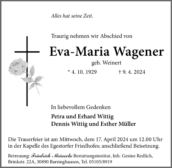 Traueranzeige von Eva-Maria Wagener von Hannoversche Allgemeine Zeitung/Neue Presse