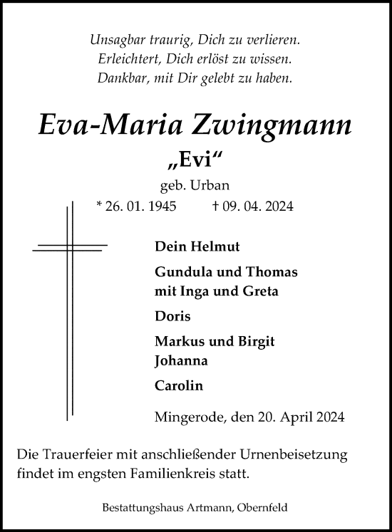 Traueranzeige von Eva-Maria Zwingmann von Eichsfelder Tageblatt