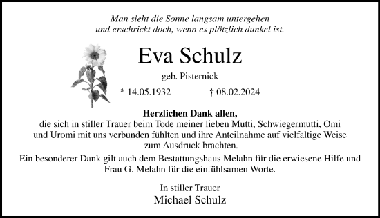 Traueranzeige von Eva Schulz von Ostsee-Zeitung GmbH