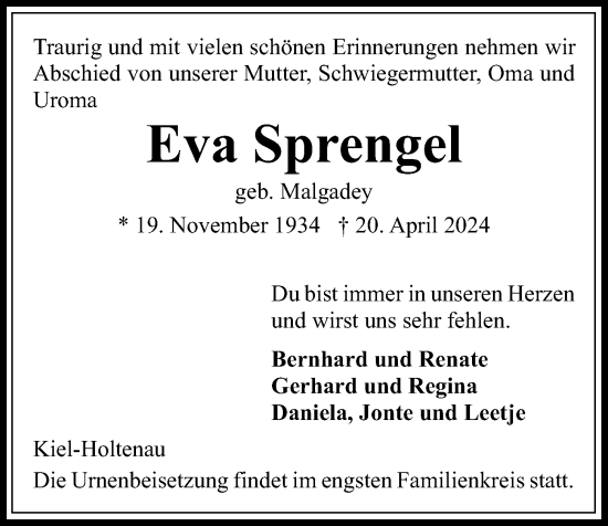 Traueranzeige von Eva Sprengel von Kieler Nachrichten