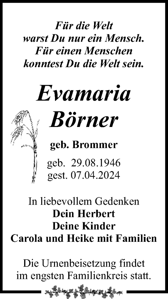 Traueranzeige von Evamaria Börner von Leipziger Volkszeitung