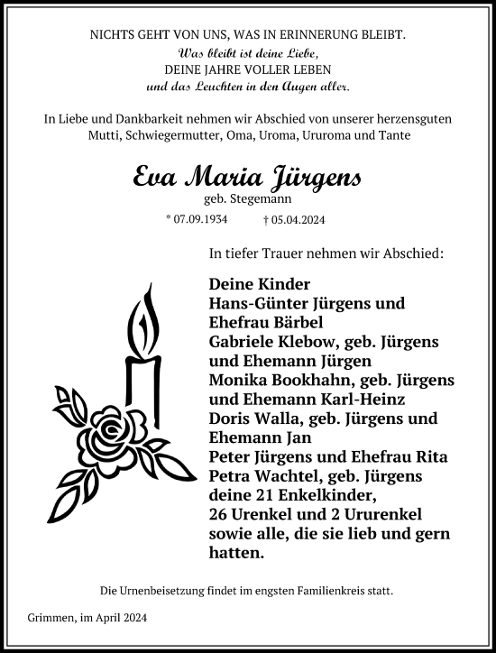 Traueranzeige von Eva Maria Jürgens von Ostsee-Zeitung GmbH