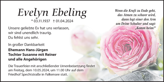 Traueranzeige von Evelyn Ebeling von Märkischen Allgemeine Zeitung