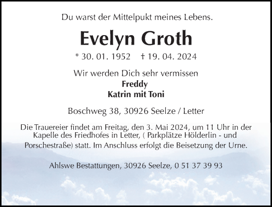 Traueranzeige von Evelyn Groth von Hannoversche Allgemeine Zeitung/Neue Presse