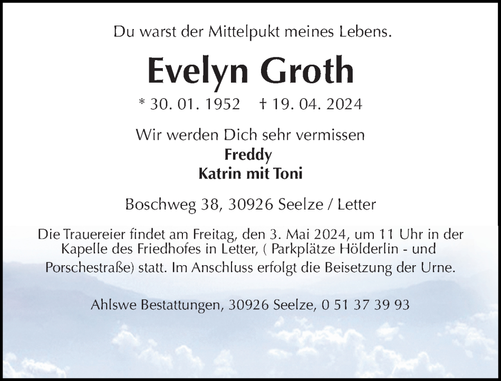  Traueranzeige für Evelyn Groth vom 27.04.2024 aus Hannoversche Allgemeine Zeitung/Neue Presse