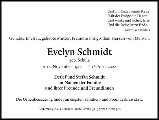 Traueranzeige von Evelyn Schmidt von Göttinger Tageblatt