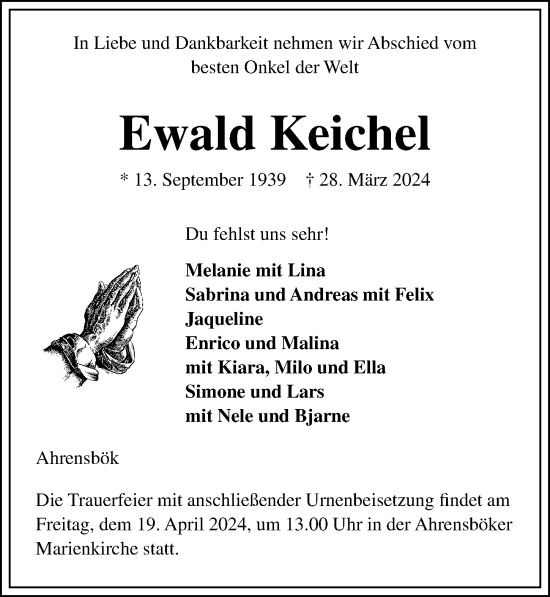 Traueranzeige von Ewald Keichel von Lübecker Nachrichten