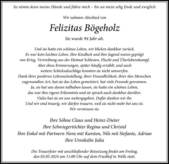 Traueranzeige von Felizitas Bögeholz von Peiner Allgemeine Zeitung