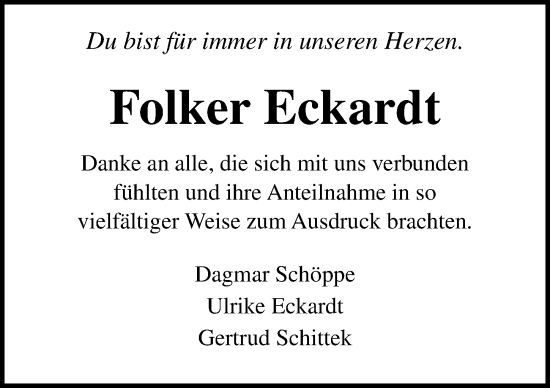 Traueranzeige von Folker Eckardt von Ostsee-Zeitung GmbH
